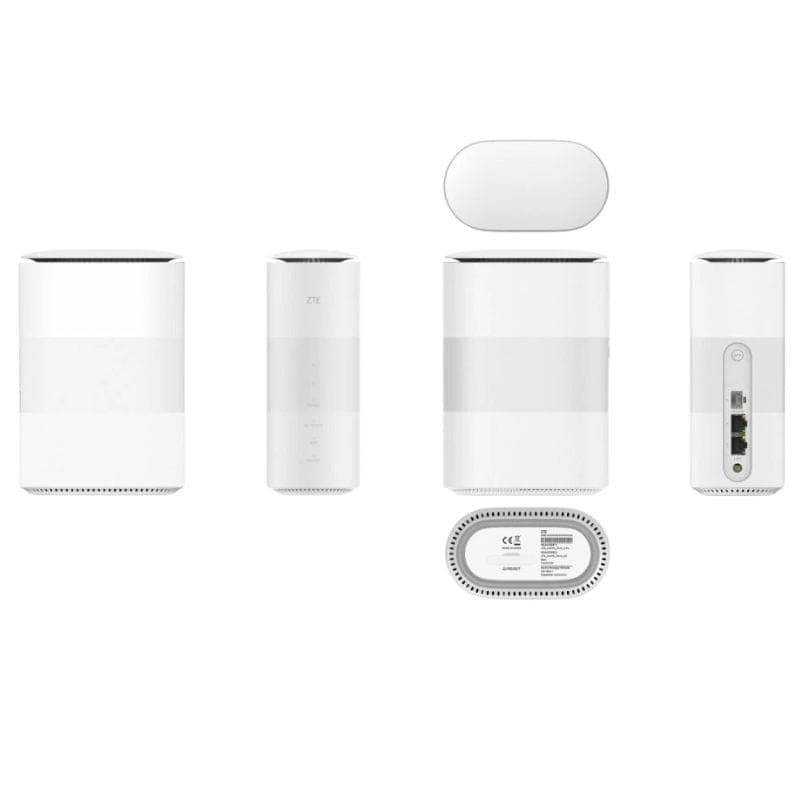 ZTE MC888B 5G LTE Router branco, design cilíndrico minimalista, LEDs frontais, grelhas de ventilação, 2 portas LAN, 1 WAN, botões e tomada na base