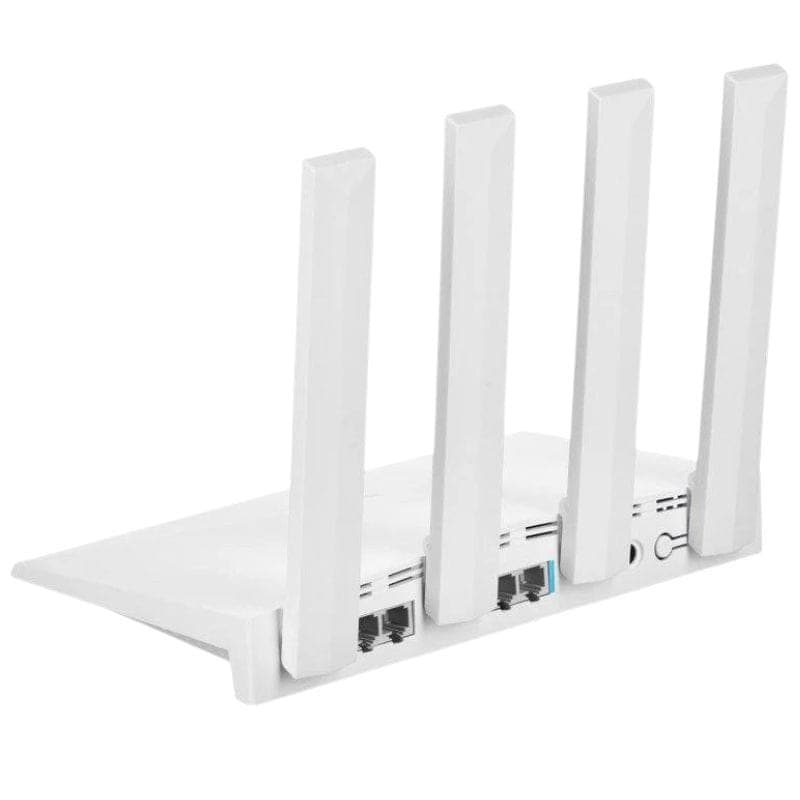 ZTE T3000 Wi‑Fi 6 IDU Router branco com 4 antenas externas, corpo angular, portas Ethernet traseiras e indicador LED discreto para alta cobertura e