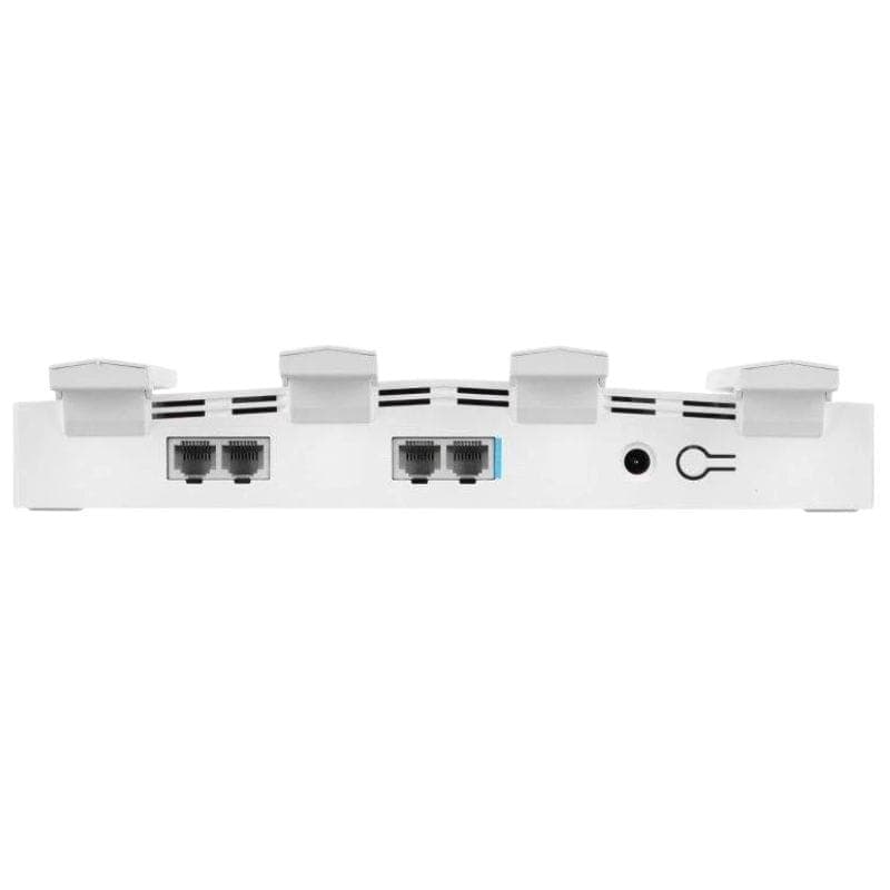 ZTE T3000 Wi‑Fi 6 IDU Router branco com 4 antenas, 3 portas Ethernet LAN, 1 porta WAN destacada em azul e conector de energia traseiro