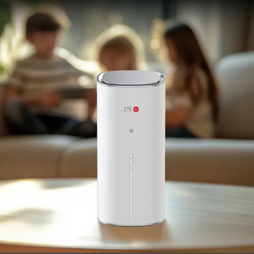 ZTE G50 5G WiFi7 - Router de rede móvel cilíndrico branco com topo prateado, logótipo 5G e faixa LED frontal, sobre mesa em sala desfocada