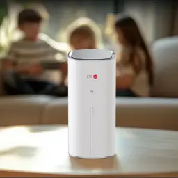 ZTE G50 5G WiFi7 - Router de rede móvel cilíndrico branco com topo prateado, logótipo 5G e faixa LED frontal, sobre mesa em sala desfocada