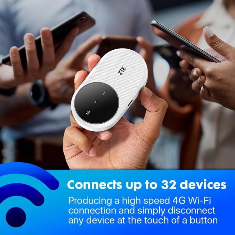 ZTE U10 WiFi 6 4G LTE, hotspot portátil branco com painel preto circular, ícones de status e logo ZTE; conecta até 32 dispositivos com alta velocidade