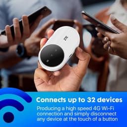 ZTE U10 WiFi 6 4G LTE, hotspot portátil branco com painel preto circular, ícones de status e logo ZTE; conecta até 32 dispositivos com alta velocidade