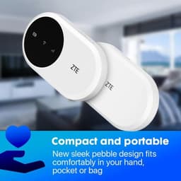 ZTE U10 WiFi 6 4G LTE, roteador móvel compacto e portátil em branco, design oval elegante com painel preto e LEDs de status, cabe na mão, bolso ou bolsa