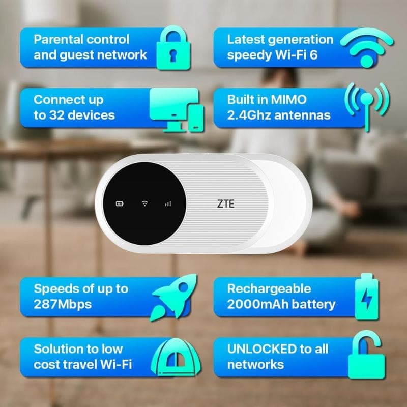 ZTE U10 WiFi 6 4G LTE, roteador móvel compacto com LEDs de status, acabamento branco e cinza, antenas MIMO 2.4GHz, bateria 2000mAh e até 287 Mbps