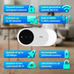 ZTE U10 WiFi 6 4G LTE, roteador móvel compacto com LEDs de status, acabamento branco e cinza, antenas MIMO 2.4GHz, bateria 2000mAh e até 287 Mbps