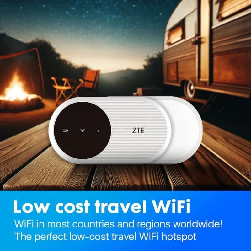 ZTE U10 WiFi 6 4G LTE portátil branco, formato oval, display circular com ícones de sinal e bateria, corpo texturizado, ideal como hotspot de viagem