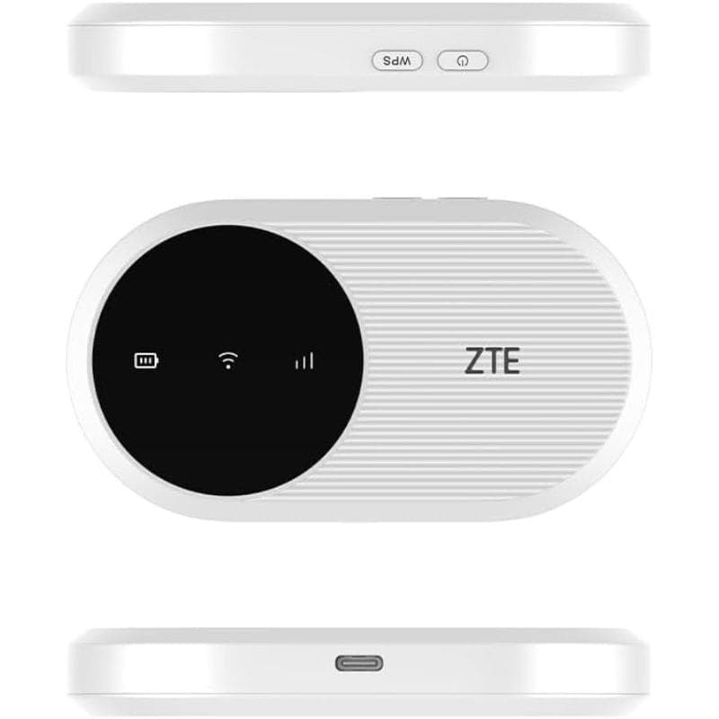 ZTE U10 WiFi 6 4G LTE, roteador móvel branco oval com painel preto de LEDs, botão WPS lateral e porta USB-C inferior, design compacto e moderno