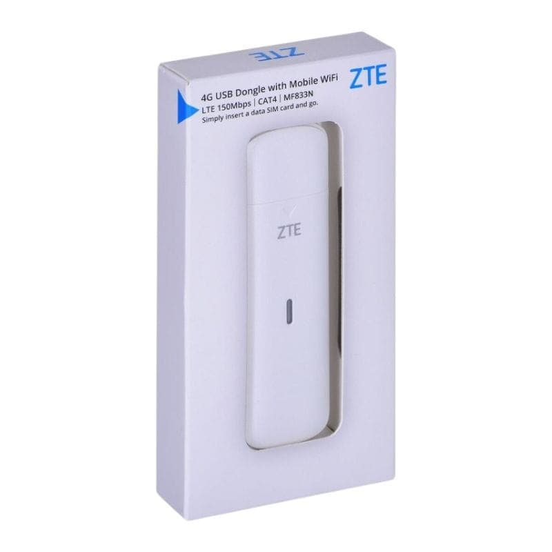 ZTE MF833N Modem USB 4G LTE em caixa branca, dongle compacto na cor branca com logotipo ZTE central e indicador LED único visível na frente