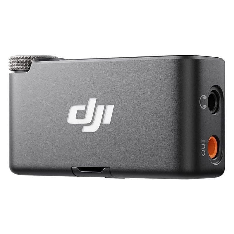 DJI Mic 2 1 TX + 1 RX – Boîtier récepteur compact gris, logo DJI, molette métallique, ports casque et sortie audio marqués, design minimaliste robuste