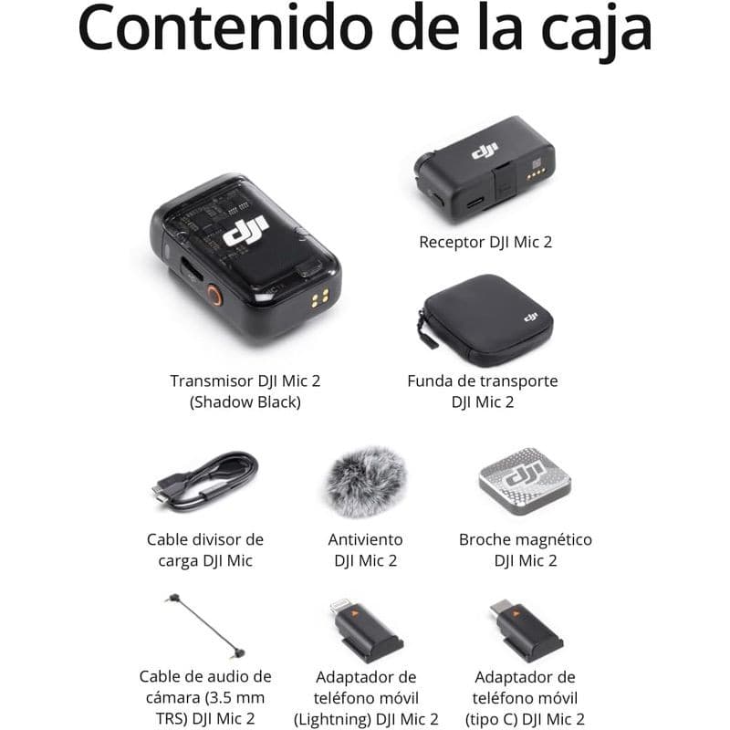 DJI Mic 2 1 TX + 1 RX avec récepteur compact, émetteur Shadow Black, étui, bonnette anti-vent, clip magnétique et câbles TRS, Lightning, USB-C