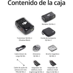 DJI Mic 2 1 TX + 1 RX avec récepteur compact, émetteur Shadow Black, étui, bonnette anti-vent, clip magnétique et câbles TRS, Lightning, USB-C
