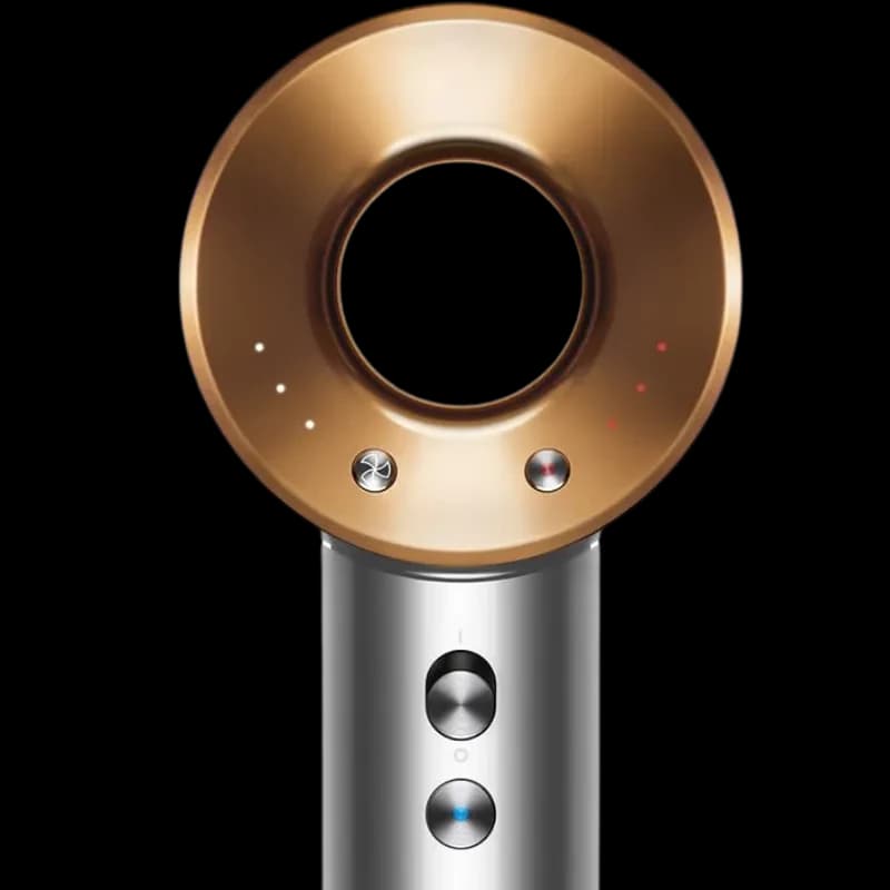 Dyson Supersonic HD07 nickel/cuivre avec anneau doré sans pales, boutons métalliques et voyants LED, design cylindrique moderne et élégant
