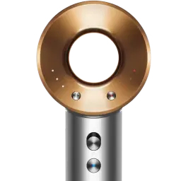 Dyson Supersonic HD07 nickel/cuivre avec anneau doré sans pales, boutons métalliques et voyants LED, design cylindrique moderne et élégant
