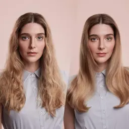 Avant et après coiffage: cheveux passant de ondulés et volumineux à lisses et brillants, finition soignée, résultat salon, chemise grise en arrière-plan