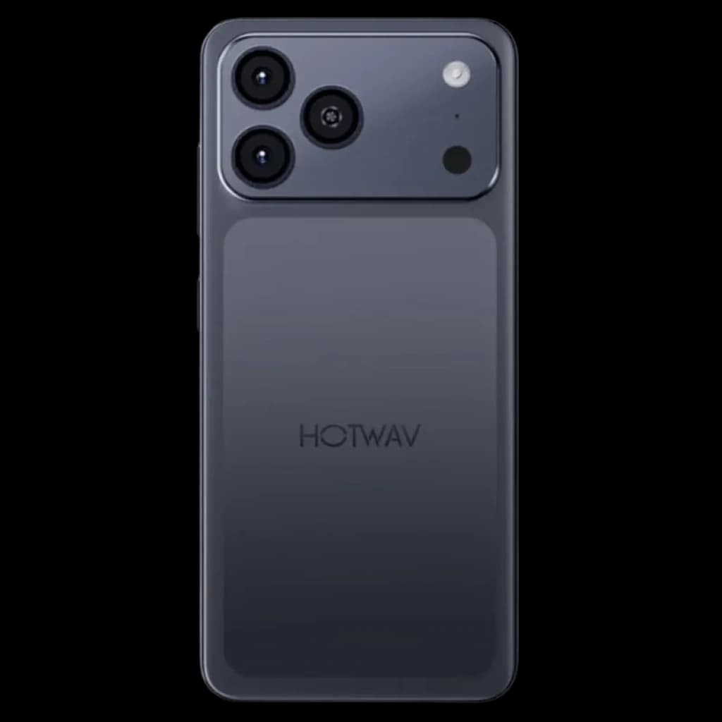 Hotwav A17 Pro Max 4GB/128GB preto com traseira fosca, módulo de câmera tripla grande no canto e flash, logotipo HOTWAV centralizado