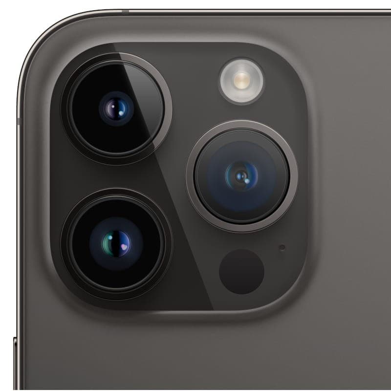 Gros plan sur module photo triple du iPhone 14 Pro Max noir spatial reconditionné état premium, lentilles larges et téléobjectif avec flash intégré