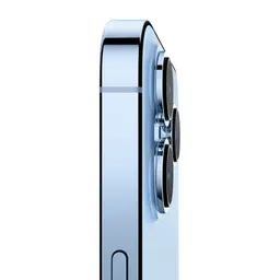 Lateral do iPhone 13 Pro Max Azul Alpino, acabamento brilhante e módulo triplo de câmeras salientes; bordas planas e botão lateral visíveis. Recondicionado