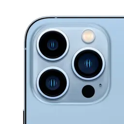 Câmera traseira tripla do iPhone 13 Pro Max em Azul Alpino, lentes grandes com anéis metálicos, flash True Tone e sensor LiDAR. Recondicionado Premium