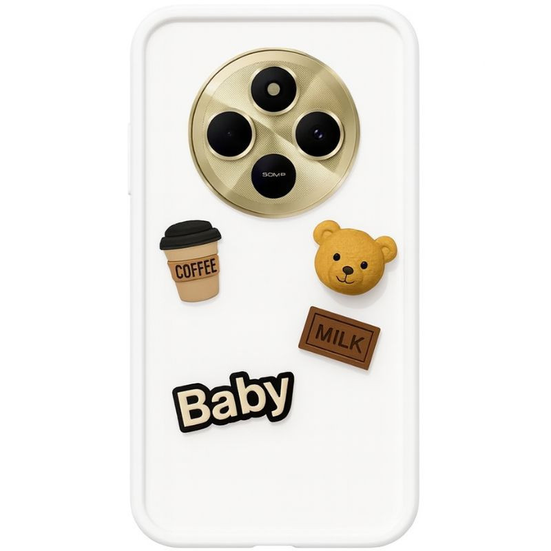 Funda de silicona marrón para Xiaomi Redmi 14C con relieve de oso, taza de coffee, placa milk y texto Baby; bordes suaves y recortes precisos para cámara - Ítem