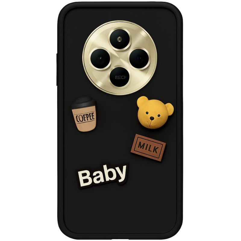 Funda de silicona marrón para Xiaomi Redmi 14C con relieve de oso, taza de coffee, placa milk y texto Baby; bordes suaves y recortes precisos para cámara - Ítem