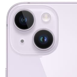 iPhone 14 Plus 128GB roxo renovado condição excelente, detalhe do módulo traseiro com duas câmeras grandes, flash e acabamento lilás suave brilhante