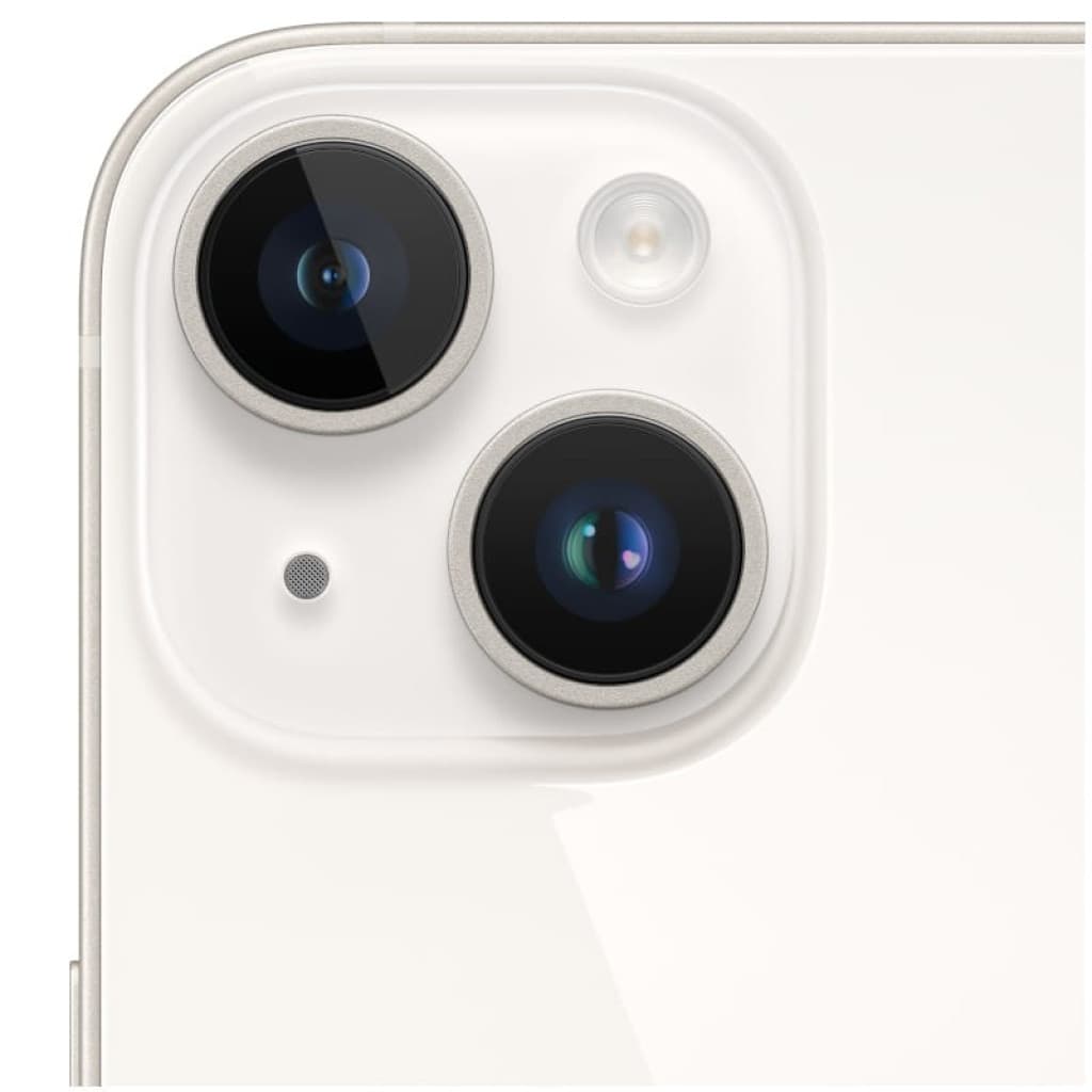 Módulo de câmeras traseiras do iPhone 14 Plus Branco Estrella: duas lentes grandes com flash e microfone, acabamento premium em branco perolado.