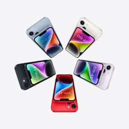 iPhone 14 Plus 256GB roxo renovado em condição excelente, exibido em várias cores com tela ampla, notch superior e acabamento premium arredondado