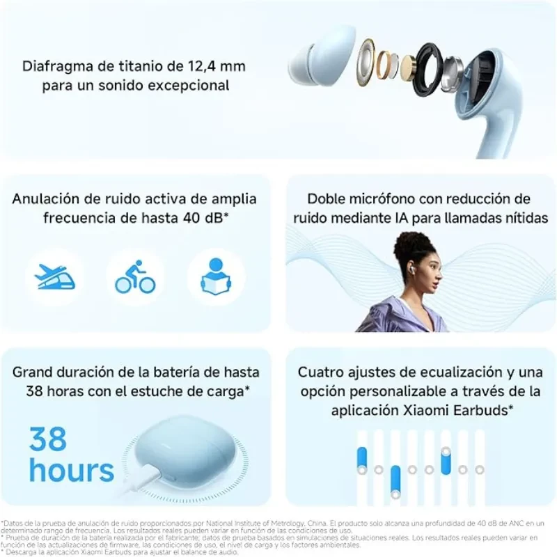 Xiaomi Redmi Buds 8 Lite Bleu, écouteurs true wireless bleus avec tiges brillantes et embouts silicone, étui compact assorti à LED frontale - Ítem6