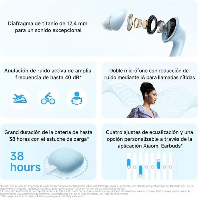 Xiaomi Redmi Buds 8 Lite Azul con diseño compacto, diafragma de 12.4 mm, estuche ovalado azul cielo y puntas ergonómicas; indicadores de 38 horas de batería