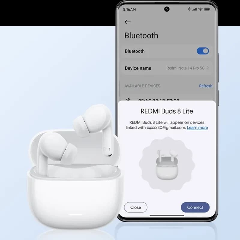 Xiaomi Redmi Buds 8 Lite Azul con estuche compacto blanco, diseño in-ear con almohadillas, indicador LED y emparejamiento Bluetooth visible en pantalla