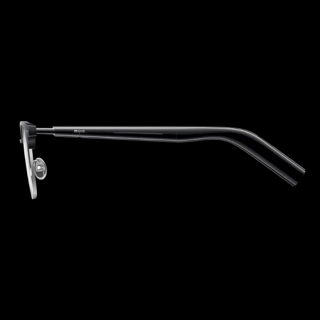Lunettes audio intelligentes Mijia Browline avec branches noires élégantes, charnières métalliques apparentes et logo miijia sur le côté ; design fin, jusqu'à 13 h d'autonomie et indice de résistance IP54.
