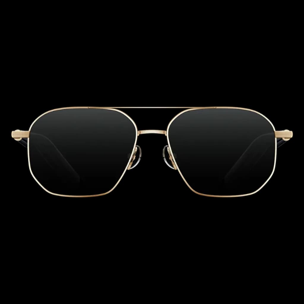 Lunettes Mijia Smart Audio aviateur avec monture métallique dorée, verres noirs rectangulaires arrondis et ponts nasaux ajustables ; branches fines au design élégant