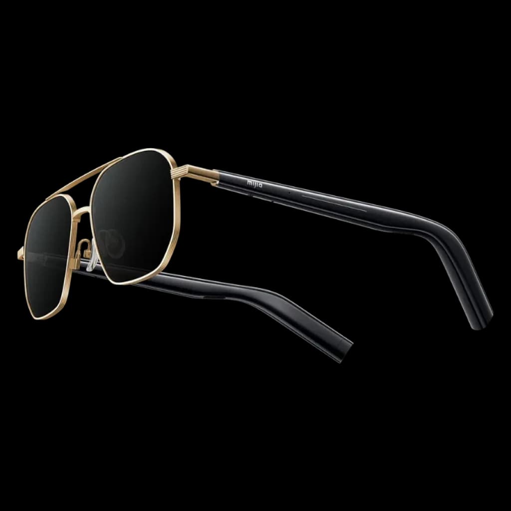 Lunettes audio intelligentes Mijia Pilote avec monture métallique dorée, verres foncés arrondis et branches noires épaisses avec conception open ear Bluetooth v5.4