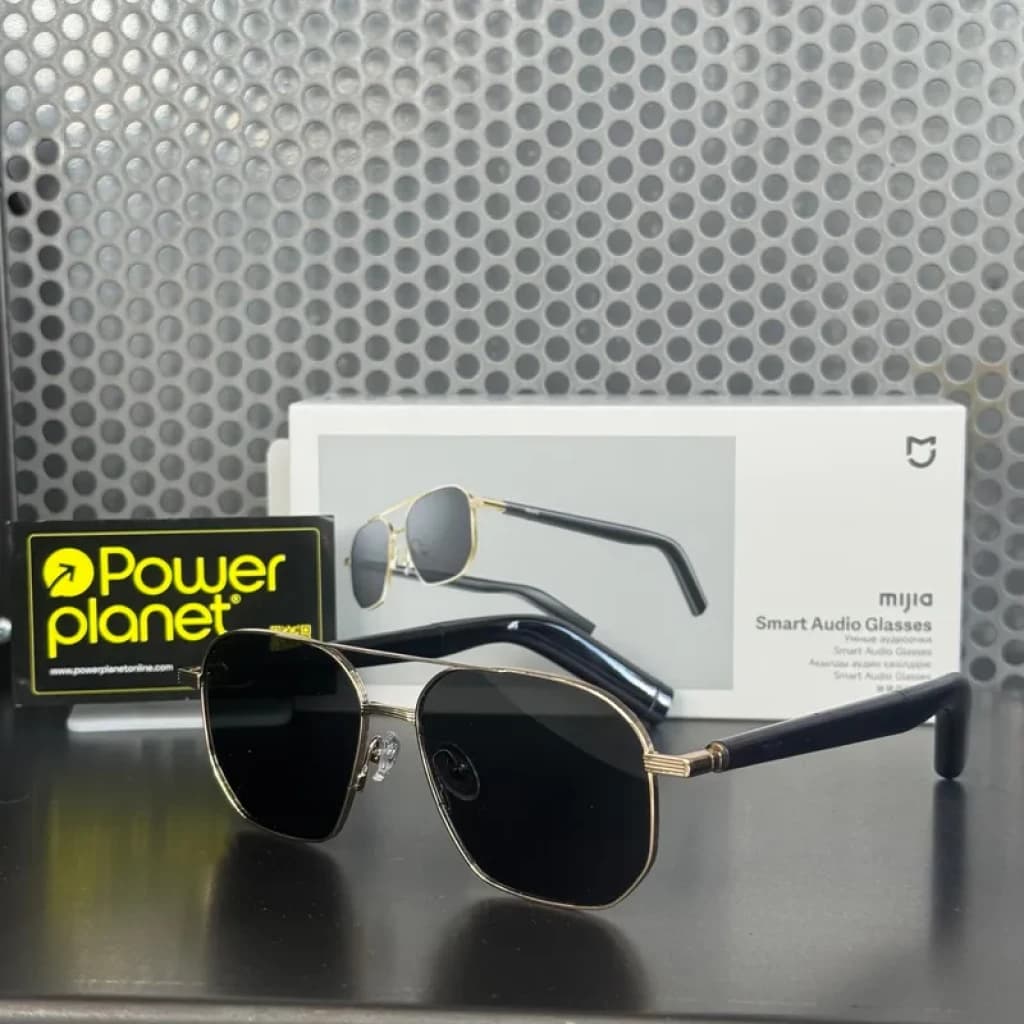 Lunettes audio Mijia style pilote, monture métal doré, branches noires, verres noirs; design open‑ear Bluetooth 5.4 discret avec charnières raffinées