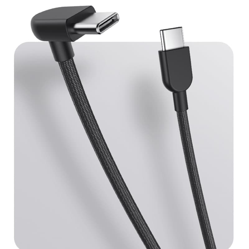 Cabo Xiaomi 3A Braided USB-C para USB-C 60W 10cm, conector em L e reto, corpo trançado resistente em preto, curto para carga rápida e durável