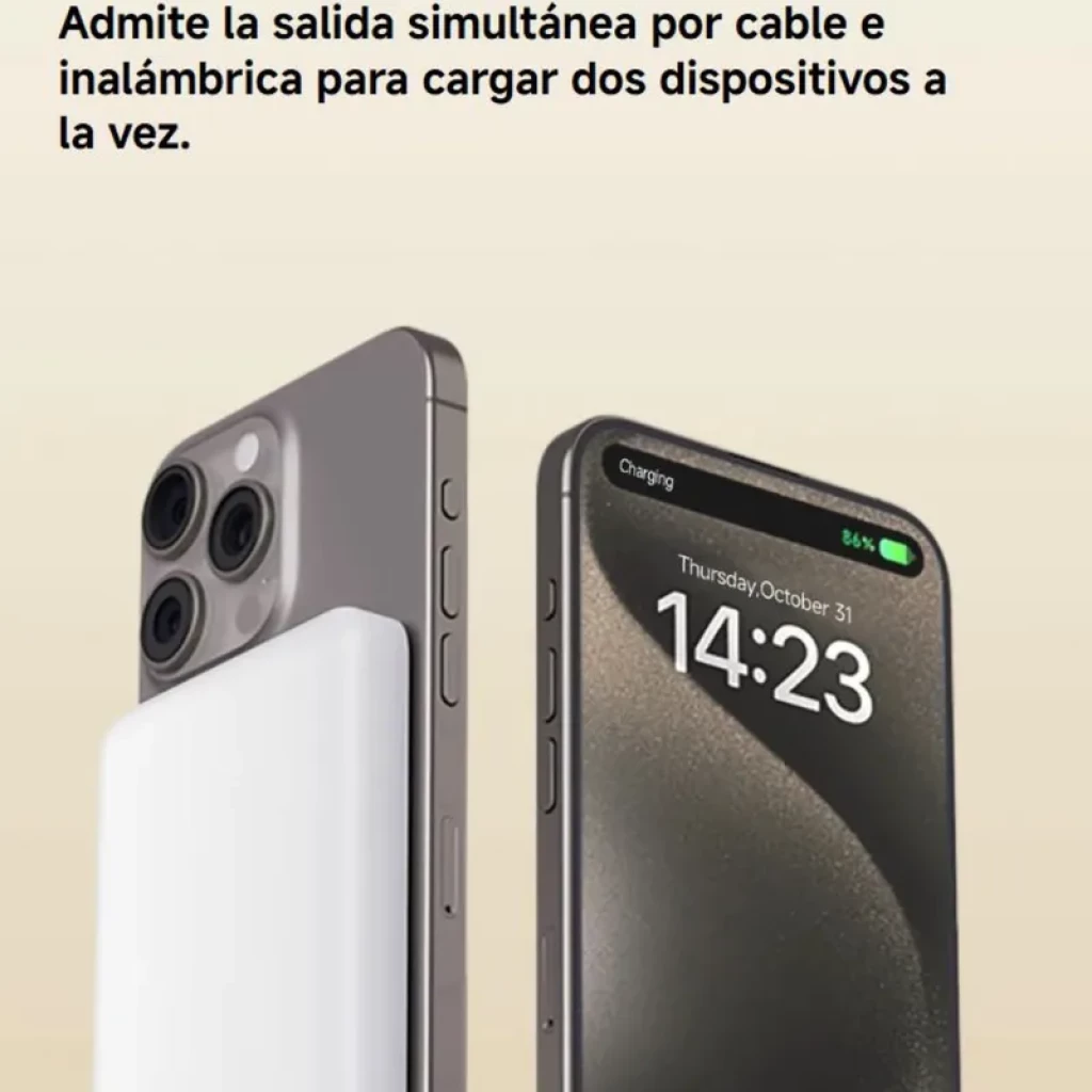 Power bank magnético ultrafino em prata, 5000 mAh e carregamento sem fios de 15 W. Design minimalista com bordas arredondadas e porta USB-C inferior. - Item6