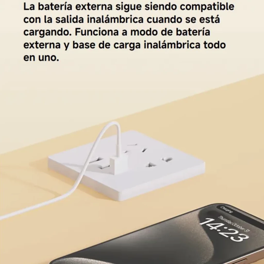 Power bank magnético ultrafino em prata, 5000 mAh e carregamento sem fios de 15 W. Design minimalista com bordas arredondadas e porta USB-C inferior. - Item8