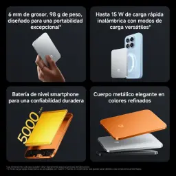 Xiaomi UltraThin Magnetic Power Bank 5000 15W Negro: batería 5000 mAh, 6 mm y 98 g, carga inalámbrica magnética 15 W, acabado metálico elegante.
