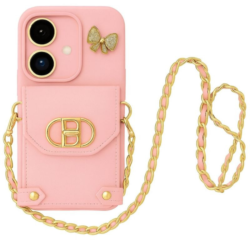 Funda cartera negra para iPhone 16 con cadena dorada, bolsillo frontal con broche B, protección de cámara y detalle de lazo dorado brillante estilo coquette - Ítem