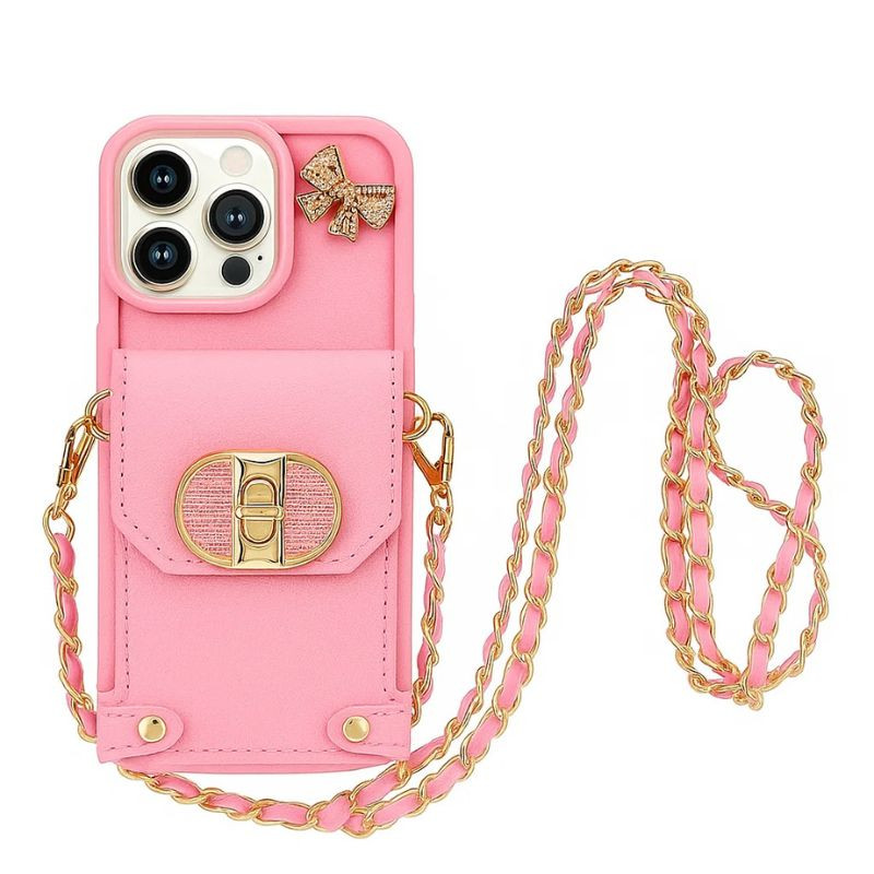 Funda Cartera Cadenas Colgantes Coquette iPhone 16 Pro, Rosa: estuche rosa con bolsillo frontal, lazo decorativo y cadena dorada entrelazada para colgar - Ítem