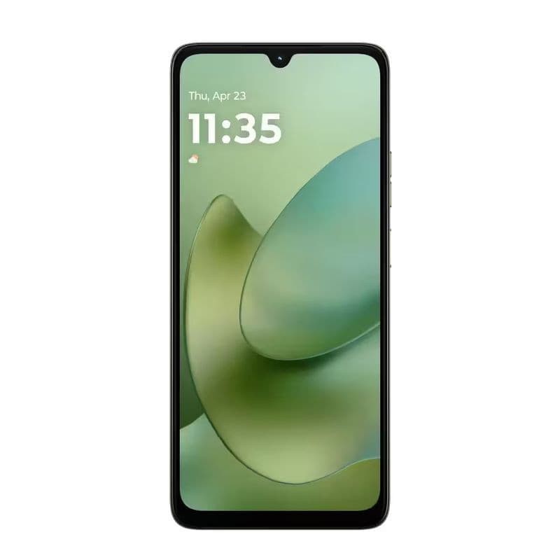 Motorola Moto G06 verde com tela grande de bordas finas, notch em gota central e ícones visíveis; design moderno e limpo, 4GB RAM e 256GB armazenamento