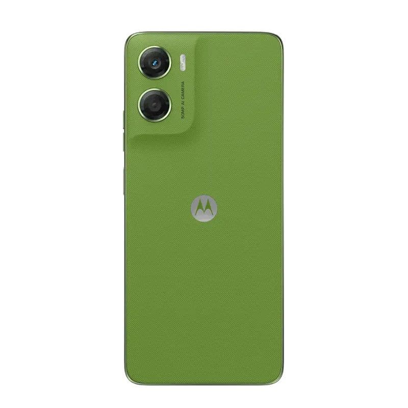 Motorola Moto G06 4GB/256GB Verde con tapa trasera texturizada, doble cámara trasera prominente y logo central; diseño minimalista y moderno en color verde