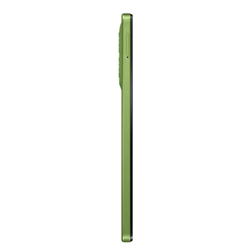 Perfil lateral del Motorola Moto G06 4GB/256GB Verde con cuerpo delgado, acabado mate y módulo de cámaras sobresaliente en color verde satin ado