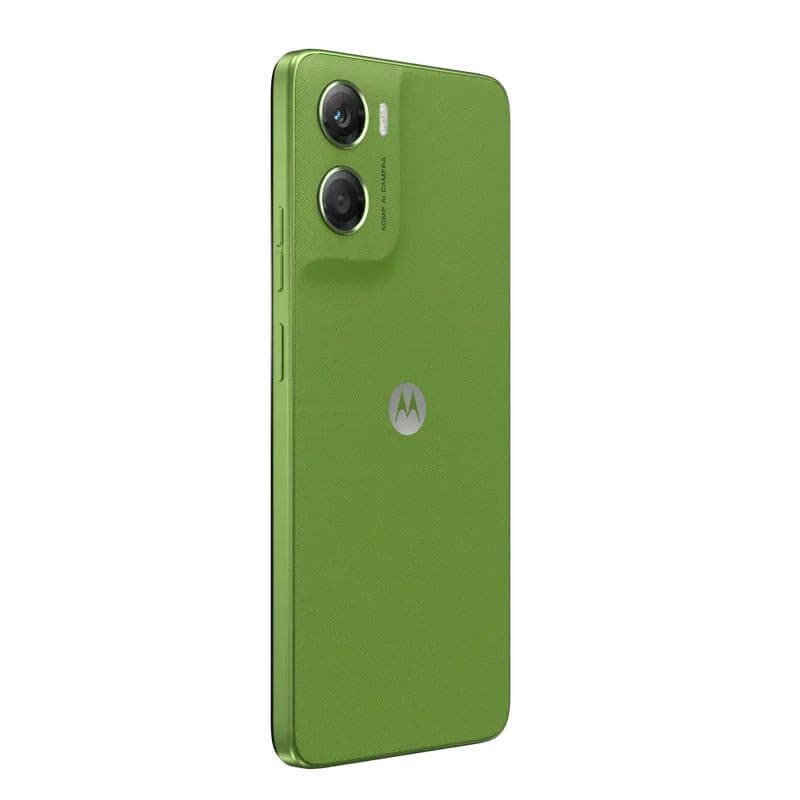 Motorola Moto G06 4GB/256GB Verde com traseira texturizada, módulo de câmera dupla saliente e logo M central; acabamento verde vibrante e cantos arredondados