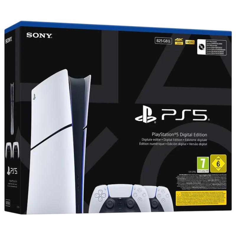 Consola PS5 Slim Digital blanca 825 GB con dos mandos DualSense blancos; diseño estilizado vertical, detalles en negro y logo PS5 en caja azul oficial - Ítem