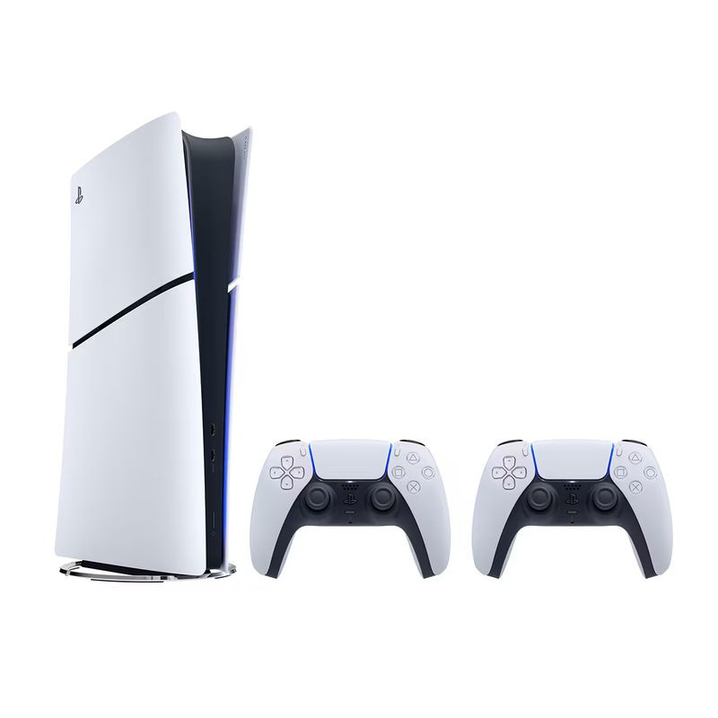 Sony Playstation 5 Slim Digital 825 Go blanc avec deux manettes DualSense blanches, design fin, façade bicolore, logo PS5 et boîtier noir élégant - Ítem1