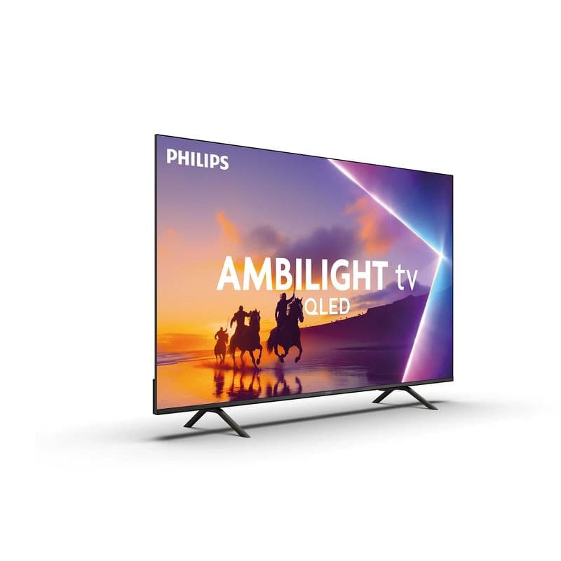 Televisor Philips 43PUS8450/12 de 43 pulgadas, pantalla QLED 4K con marcos delgados, patas metálicas y efecto de iluminación Ambilight en los bordes