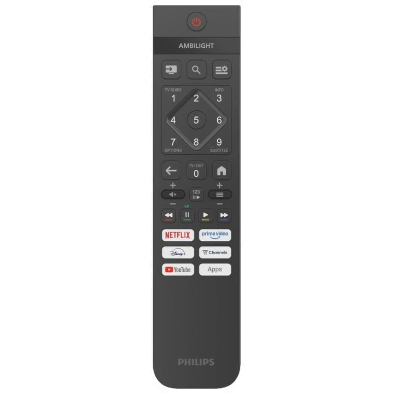 Télécommande Philips pour TV Ambilight 55PUS8450/12 avec touches rétroéclairées, pavé numérique, commandes multimédia et accès rapide Netflix, Prime