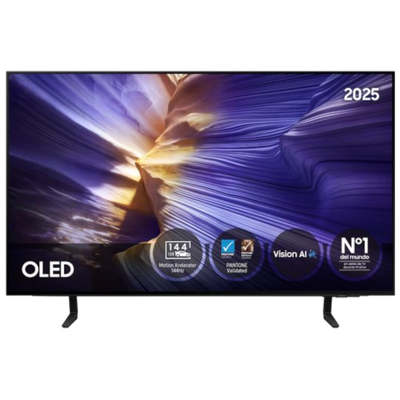 Samsung TQ42S90FAE 42 pulgadas OLED 4K Ultra HD en negro, pantalla sin marcos visibles, peana doble, logos de 144 Hz, Pantone Validated y Vision AI en pantalla - Ítem